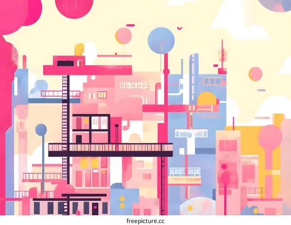 Abstract Cityscape Illustration With Pink and Blue Buildings