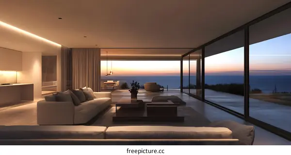 Modern Minimalist Living Room Interior Design with Ocean View