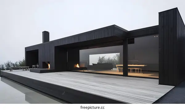 Modern Black Wooden House with Large Windows and Patio