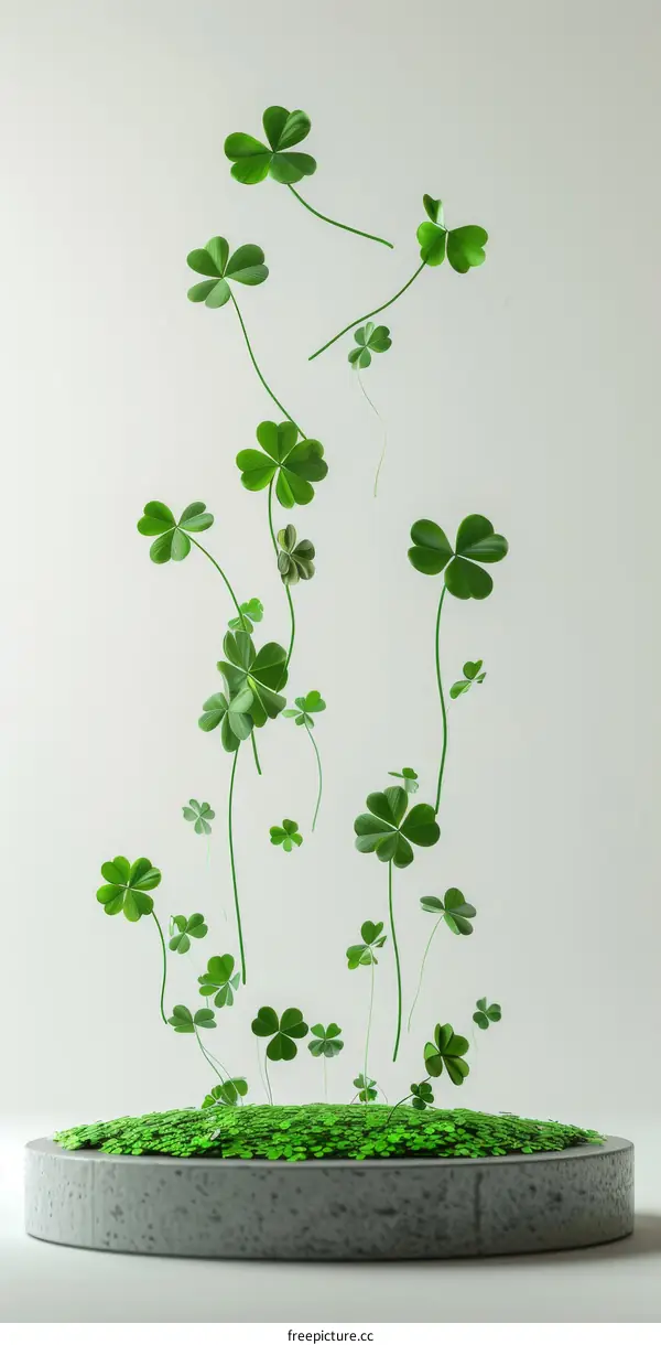 Green Clovers Floating Upward from a Bed of Clovers on a White Background