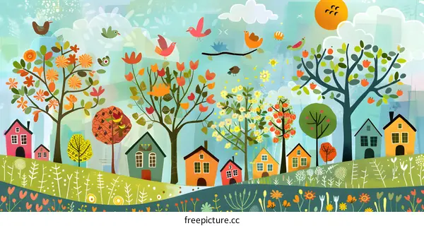 Colorful Illustration of a Small Town with Houses and Trees