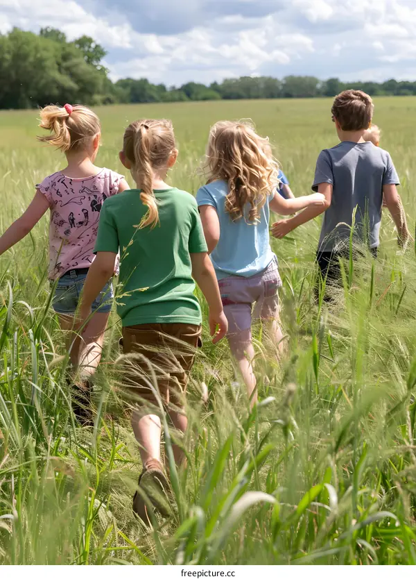 Four Children Walking in a Field of Tall Grass
