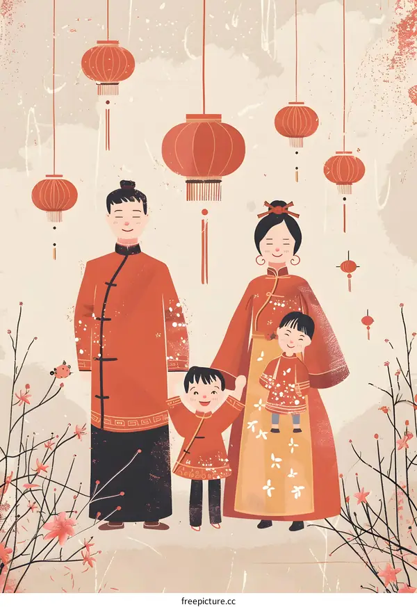 Chinese Family Celebrating New Year With Red Lanterns