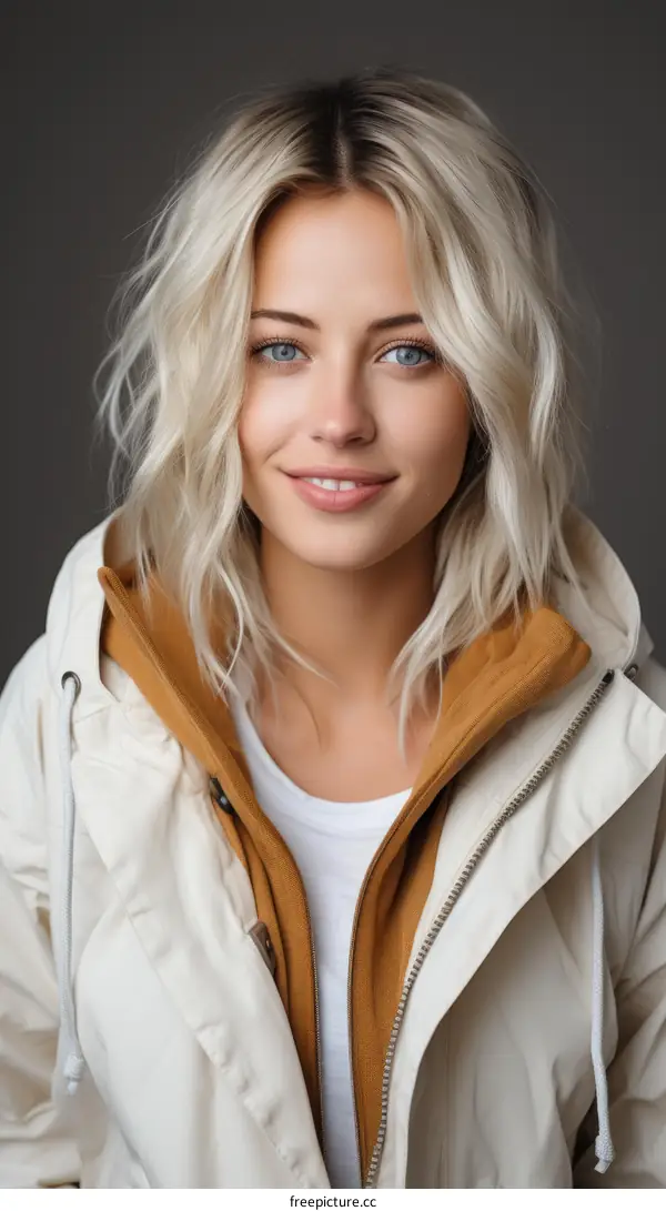 Portrait of a beautiful young woman with blonde hair and blue eyes wearing a white shirt and a beige jacket