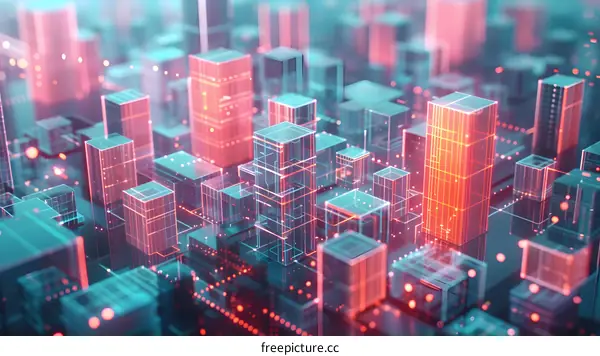 Abstract 3D rendering of a city with glowing red and blue lines representing a digital network.