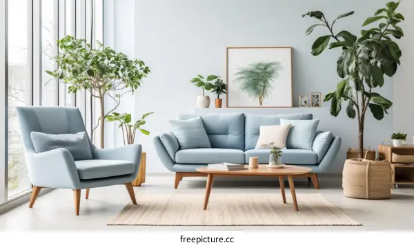 Blue Living Room Interior with Armchair and Couch