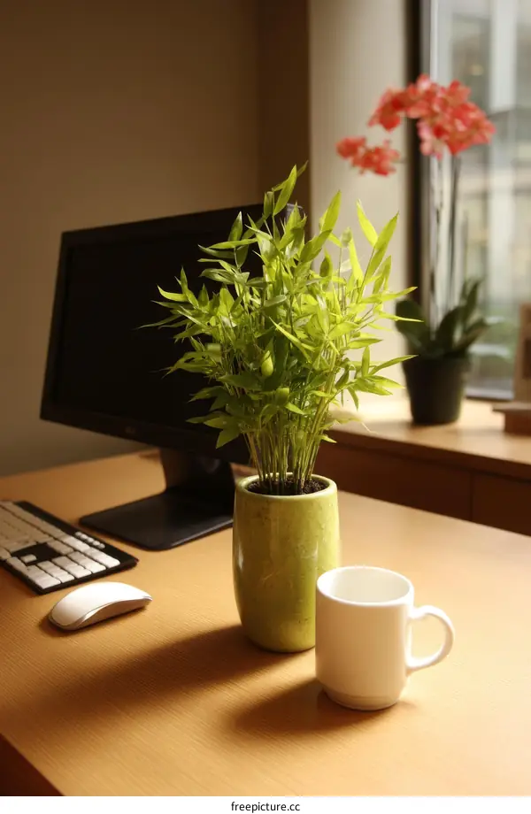 Office Desk Workspace with Plants and Mug