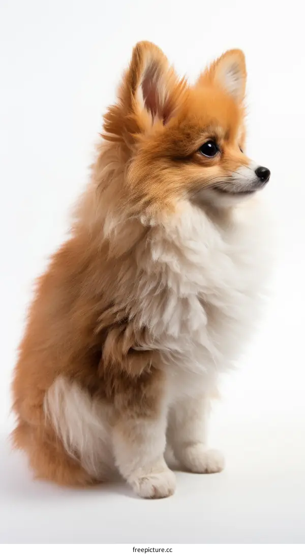 A fluffy Pomeranian dog sits sideways and looks away