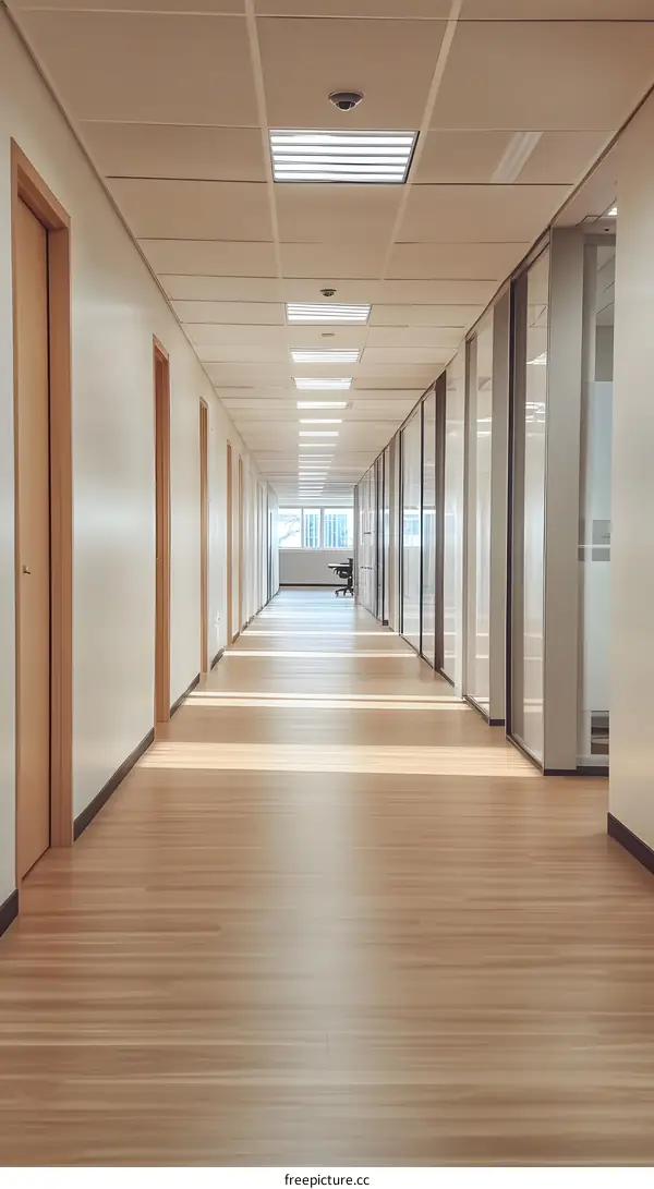 Modern Office Corridor with Glass Walls and Wooden Floor