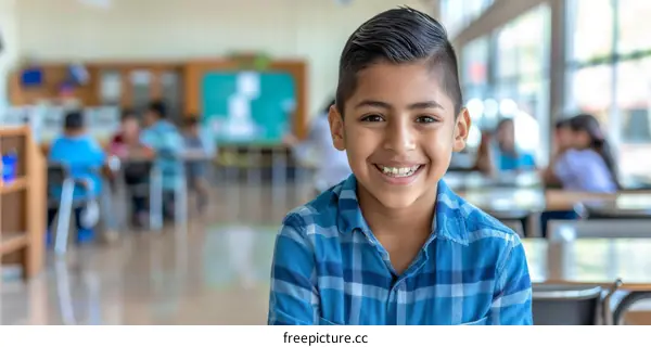 Portrait of a smiling Hispanic boy in a blue plaid shirt