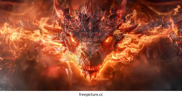 Fire-breathing Dragon with Red Scales and Yellow Eyes
