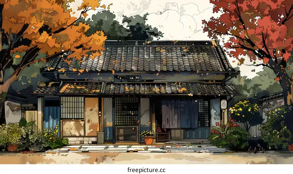 Traditional Japanese House in Autumn