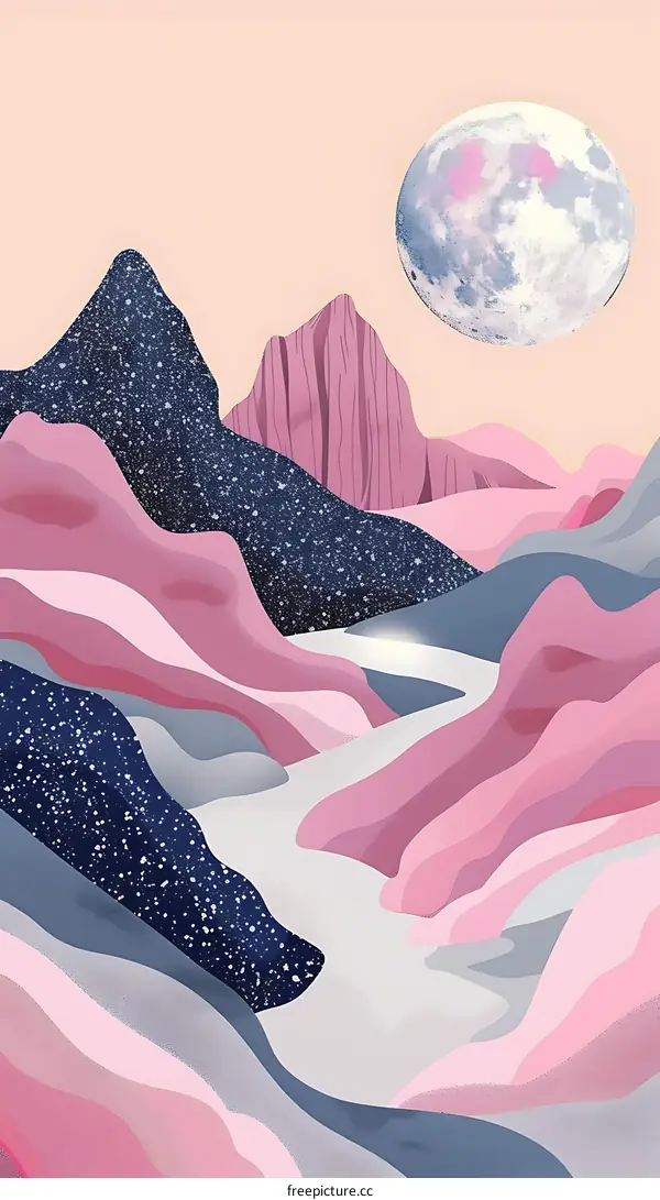 Abstract Mountain Landscape with Moon