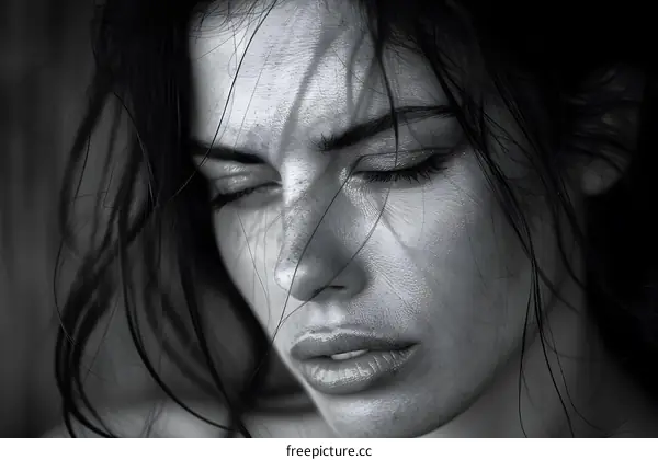 Close up portrait of a beautiful young woman with wet hair and closed eyes