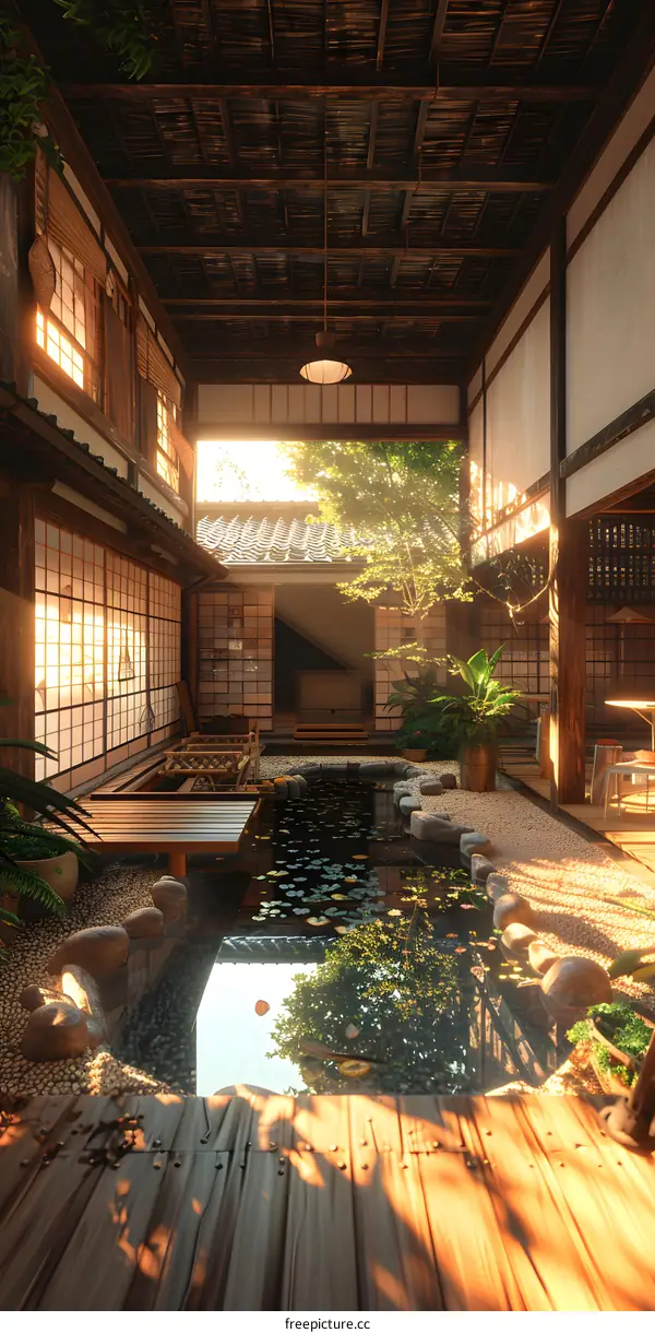 Traditional Japanese courtyard house with pond