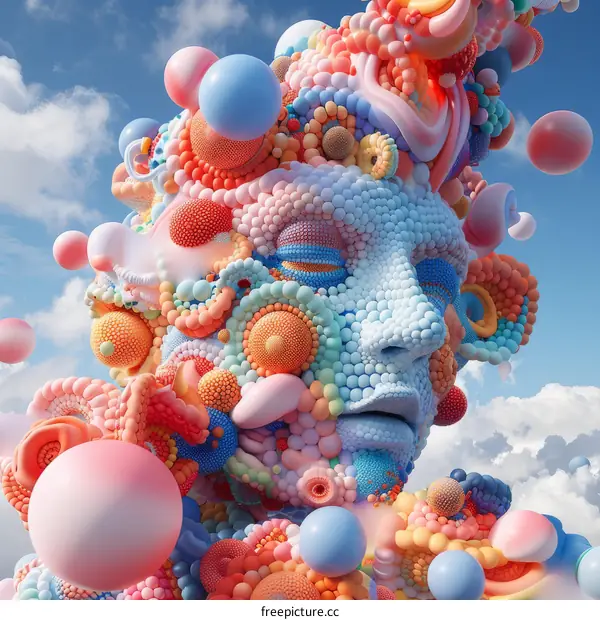 Surrealist Painting of a Human Face Formed by Colorful Spheres