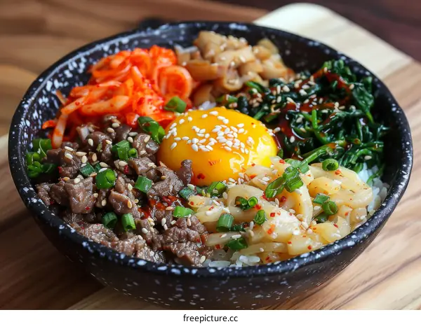 Korean beef bowl with rice, egg, kimchi and vegetables