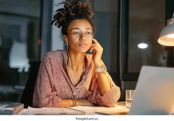 Focused Woman Working Late Night in Office