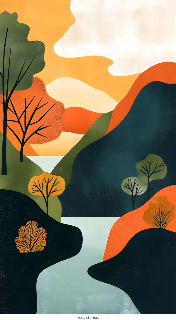 Abstract Landscape with Mountains, River and Trees in Autumn
