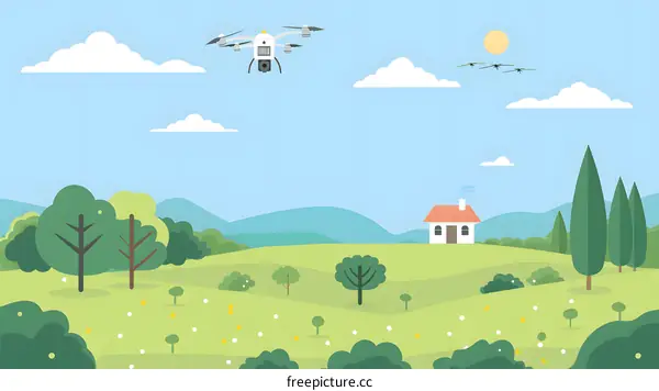 Drone Flying Over Green Hills With House