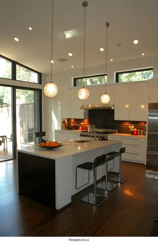 Modern Kitchen Island With White Cabinets And Pendant Lights
