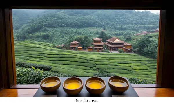 Tea Plantation View Through a Window with Teacups