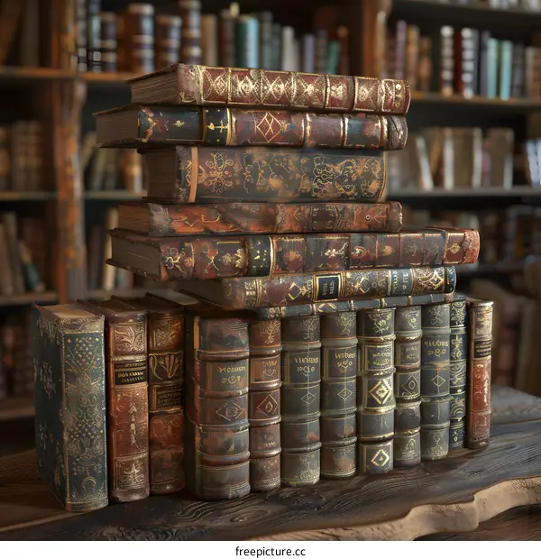 A stack of old books on a wooden table in a library.
