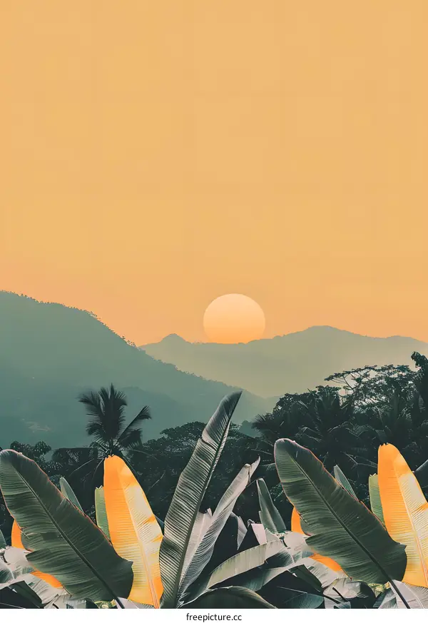 Tropical Sunset Over Mountains With Palm Trees