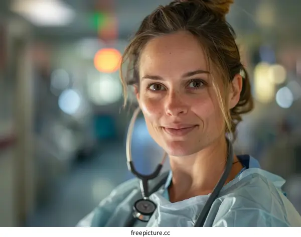 Portrait of a Confident Female Doctor or Nurse in Scrubs