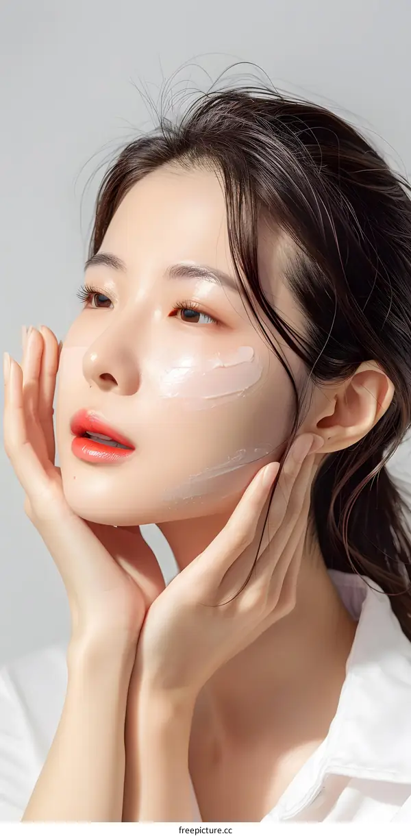Beautiful Asian Woman Applying Face Cream