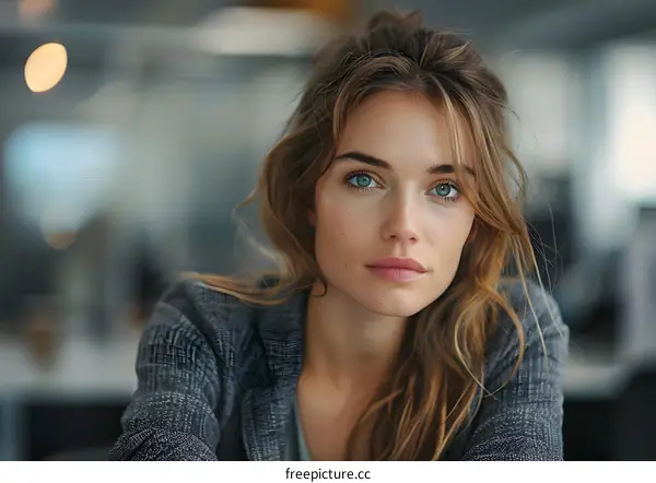 portrait of a beautiful young woman with blue eyes and brown hair