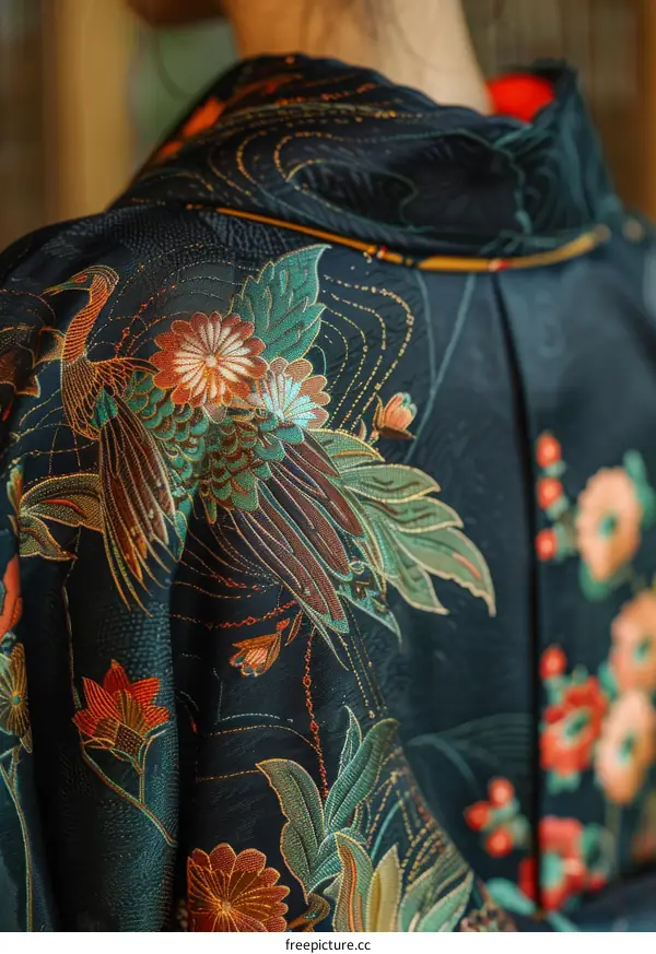 A kimono with a pattern of peacocks and flowers