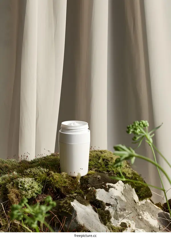 White Cream Jar on a Mossy Rock with a Sheer Curtain Background