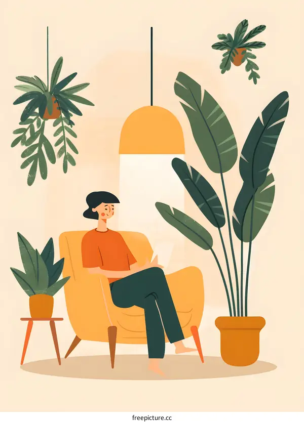 Woman Sitting in Chair with Plants and a Lamp