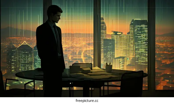 Businessman Gazing at Cityscape from Office at Night