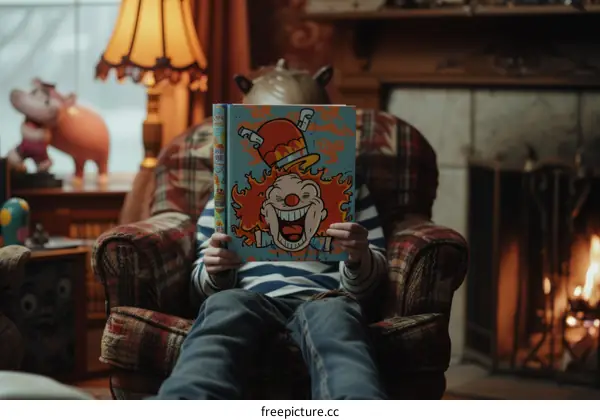 boy reading a book with a clown on the cover