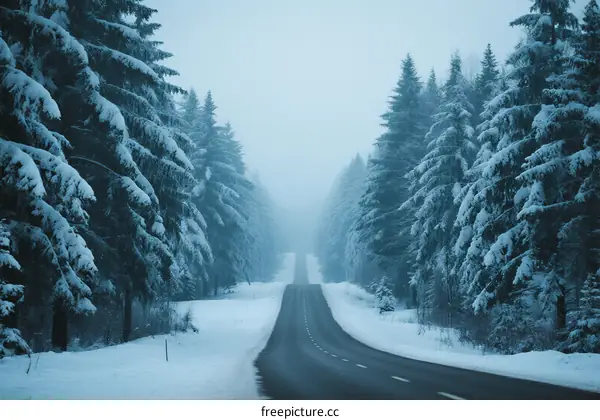 A peaceful snowy road surrounded by tall snow-covered pine trees