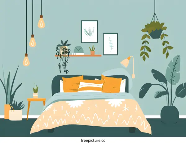 Minimalist Bedroom Interior Design with Plants and Hanging Lights