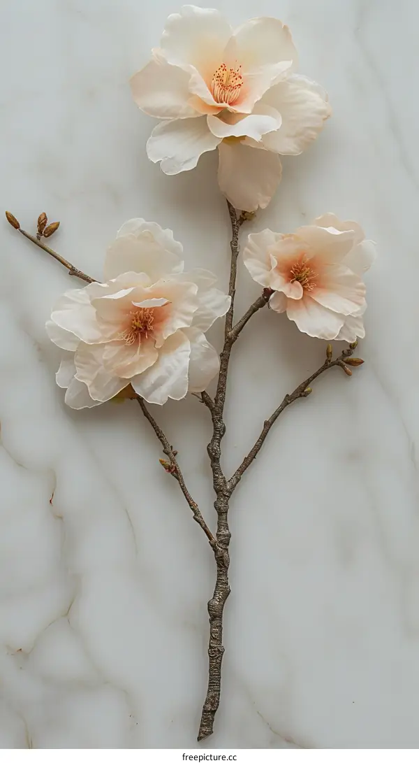 Three cream magnolias on a marble background