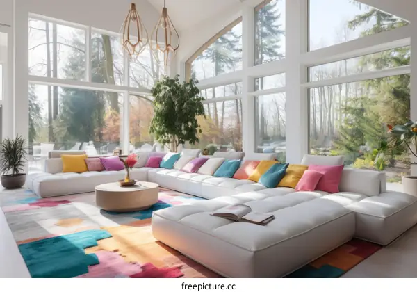 Modern Living Room with White Sectional Sofa and Colorful Pillows