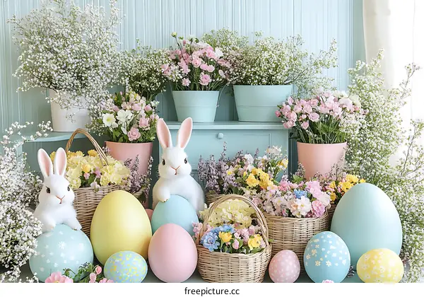 Pastel Easter Decorations with Flowers and Eggs