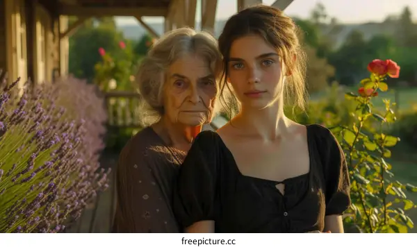 Portrait of a grandmother and granddaughter standing together in a lavender field