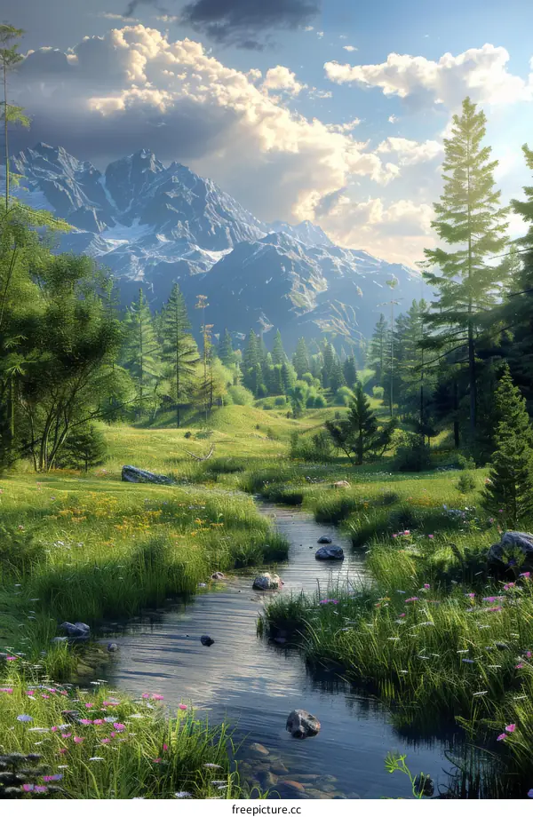 Serene Mountain Stream in Lush Green Valley