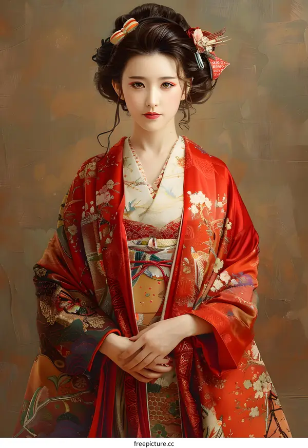 Beautiful Asian Woman Wearing a Traditional Red Kimono