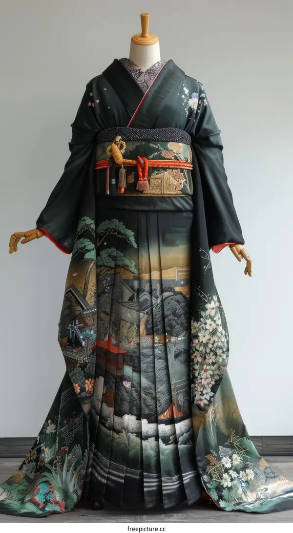 A woman wearing a kimono with a pattern of a house and cherry blossoms