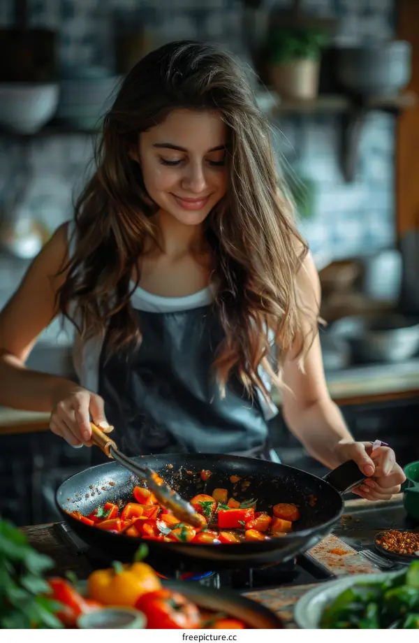 Young Lady Cooking Peppers in the Kitchen