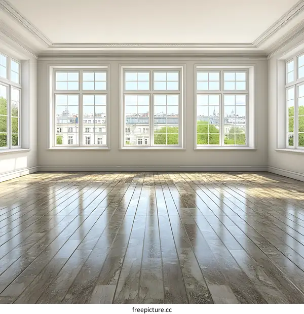 Empty Room With Large Windows And View Of Cityscape