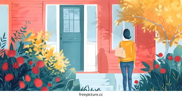 Woman Standing Outside Door of House with Garden