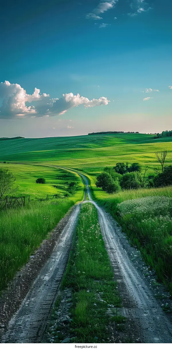 Country road through a lush green field