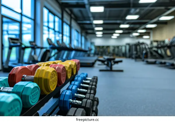 A variety of dumbbells sit on a rack in a nearly empty gym with exercise equipment in the background